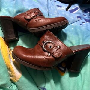 b.o.c. Brown Leather Heeled Mules with Buckle